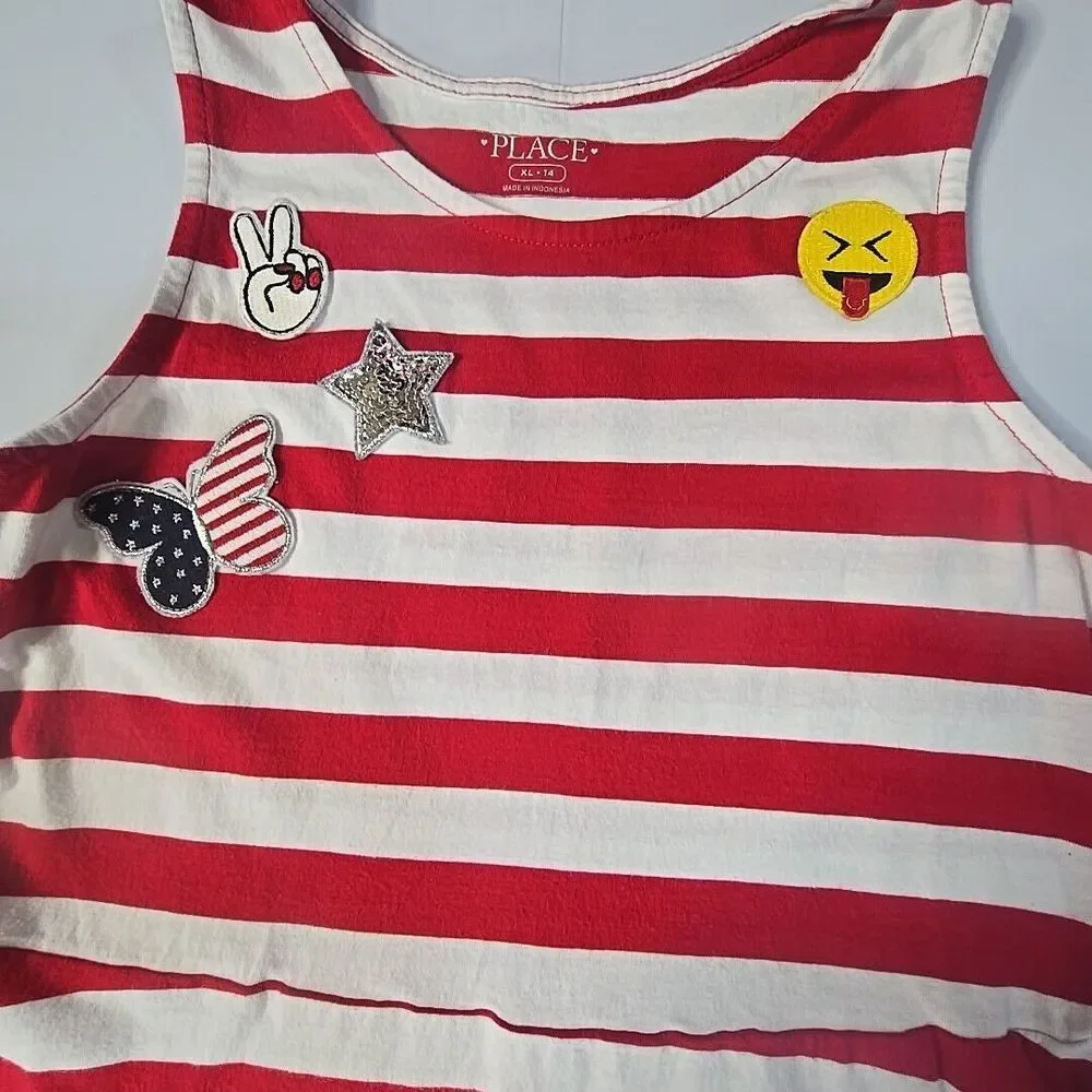 The Childrens‎ Place Striped Sharkbite Dress Kids XL 14 Red Americana Kidcore